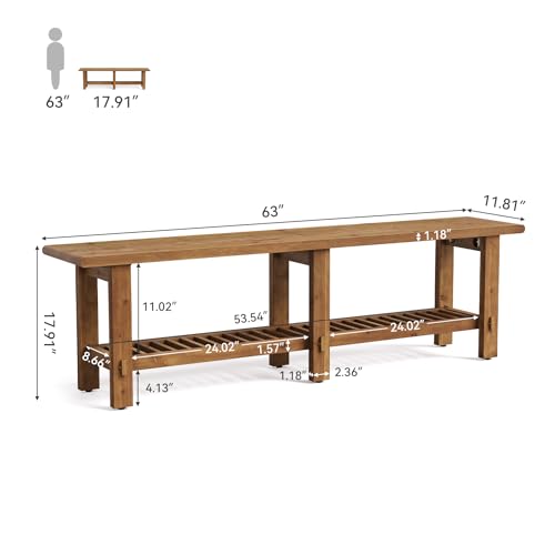 LITTLE TREE Solid Wood Entryway Shoe Bench, 63" Farmhouse Narrow End of Bed Bench with Storage Rack for Bedroom, Living Room, Entry Way, Front Door, Window, Hallway, Rustic Brown