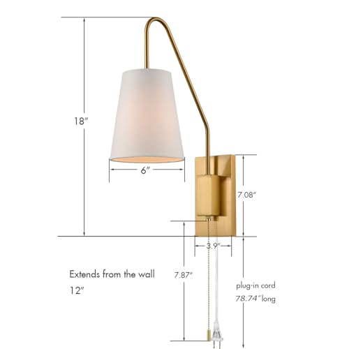 Modern Brass Set of 2 Plug-in Wall Sconces, Linen Fabric Shade | Pull Chain Switch, 2-in-1 Plug-in & Hardwired, Ideal for Bedroom, Hallway & Foyer