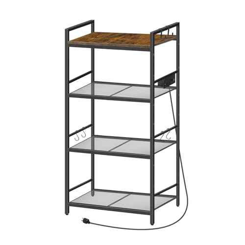 MAHANCRIS Bakers Rack with Power Outlet, Microwave Stand with Hooks, Multifunctional Storage Rack, Coffee Bar with Enclosure, Kitchen Storage Shelf, for Kitchen, Dining Room, Rustic Brown BRHR40E01N1 - color: Rustic Brown