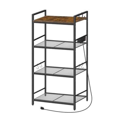 MAHANCRIS Bakers Rack with Power Outlet, Microwave Stand with Hooks, Multifunctional Storage Rack, Coffee Bar with Enclosure, Kitchen Storage Shelf, for Kitchen, Dining Room, Rustic Brown BRHR40E01N1 - color: Rustic Brown