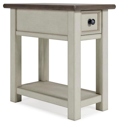 Signature Design by Ashley Bolanburg Narrow End Table, Charging Station | Slim 14-inch profile with USB charging, Wood, White oak veneers and engineered wood, Farmhouse style for small living rooms - color: Dark Brown & White