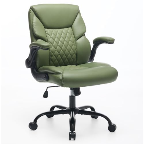 Leather Executive Office Chair - Comfy Green Desk Chair Small Space | Desk Chair with Mid Backrest,5 Wheels,Mid Backrest,Lumbar Support, Height Adjustable,home office reading Gaming Use - color: Green