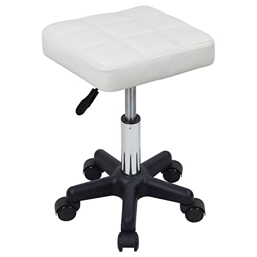 FURWOO Square Swivel Stool with Wheels PU Leather Rolling Stool Height Adjustable for Spa Salon Massage White - color: White