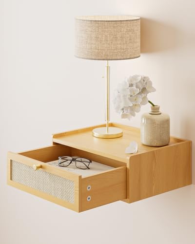Floating Nightstand,Wall Mounted Night Stand with Drawer,Small Floating Shelves,Floating Wood Bedside Table for Bedroom、Living Room、Bathroom - color: Yellow, style: Bohemian