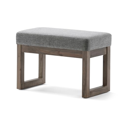 SIMPLIHOME Milltown 27" Wide Linen Look Rectangle Ottoman in Grey | Contemporary ottoman with a cushioned seat for extra seating in your bedroom or entryway; footstool, footrest or pouf. - color: Grey, style: Small Ottoman Bench