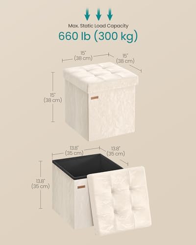 SONGMICS Storage Ottoman, Textured PU Leather Footstool, Foldable Footrest with Cushion, for Living Room and Bedroom, 15 x 15 x 15 Inch, White, Minota Collection ULSF522WD01 - color: White (Wthout Legs)