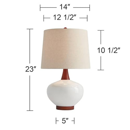 Brice 23" High Table Lamp Ivory Wood Mid-Century Ceramic Mid Century Modern | White Neck Bedroom Living Room House Home Bedside Nightstand Office Family Tapered Drum Shade - color: Wood and White Smooth Ceramic
