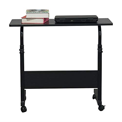 Sofa Side Table C Shaped End Table with Wheels, Rolling Bedside Laptop Table Snack Table TV Tray, Height Adjustable, Wooden Top & Metal Frame (Black) - color: Black, 31.5"