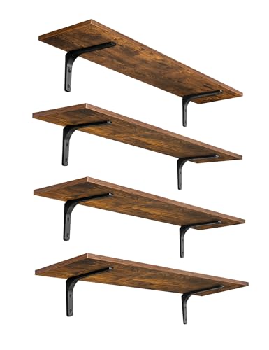 Long Wall Shelves, 31.5Inch Wooden Wall Mounted Shelves, Set of 4 | Large Floating Book Shelf, Metal Brackets, Easy Assembly, Max Load 22lbs, Wall Storage Ledges, Bedroom/Bathroom, Rustic Brown - color: Rustic Brown, size: 31.5 Inch (4 Pack)