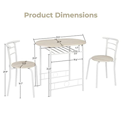 VINGLI 3 Piece Dining Set,Small Kitchen Table Set for 2,Breakfast Table Set,Kitchen Wooden Table and 2 Chairs for Small Space/Dining Room/Apartment,Metal Frame,Wine Rack,White&Light Oak - color: White&light Oak