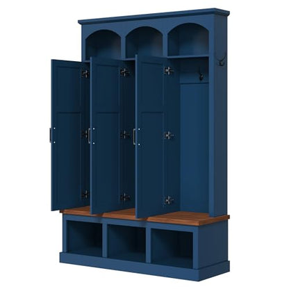 Merax Classic Arched Hall Tree with 3 Hidden Storage, Farmhouse Mudroom Bench with 5 Hooks, Mid-Century Entryway Organizer for Shoes, Blue