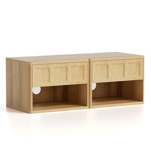 Farmhouse Floating nightstands Set of 2, Small Wall Mounted Storage Cabinet with Open Shelf, Wood Bedside End Table for Bedroom, Living Room, Natural Oak - size: 2 PCS