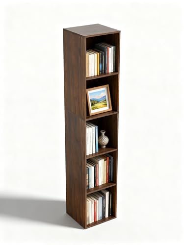 5 Cube Storage Organizer, Narrow Open Shelf Bookcase, Freestanding 5 Tier Low Display Bookshelf for Home Office, Living Room, Bedroom, Dark Brown & Black Walnut - color: Dark Brown,black Walnut, size: 5-Cube