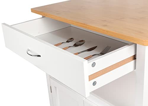 Kitchen Island Cart on Wheels, White Base, Natural Bamboo Top | Drawer, Storage Cabinet, Shelf, Butcher Block - color: White Base