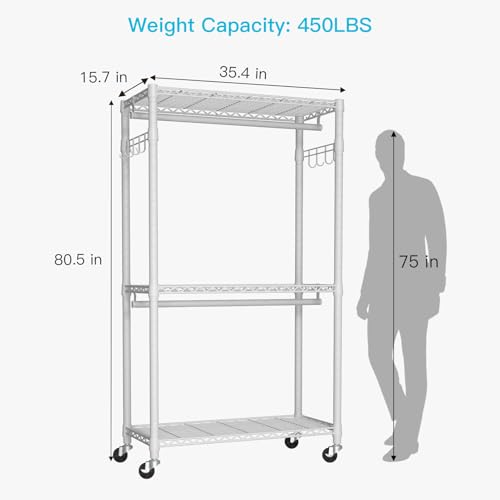 P1 Heavy Duty Garment Rack, 3 Tiers Adjustable Rolling Metal Closet | White Clothing Organizer with Lockable Wheels, Free-Standing Wardrobe with Double Hanger Rods and Hooks, Max Load 450lbs - color: White, size: P1
