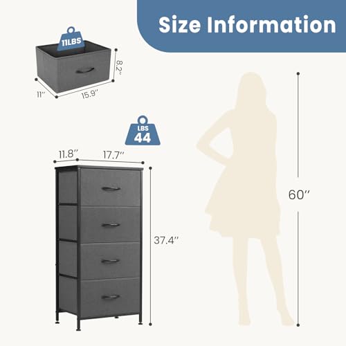 DUMOS Nightstand, Bedside Table with 4 Fabric Drawers | Night Stand with Removable Bins, Steel Frame Wood Top, Small Dresser for Bedroom Closet - color: Grey, size: 11.8"D x 17.7"W x 37.4"H (4 Drawers)