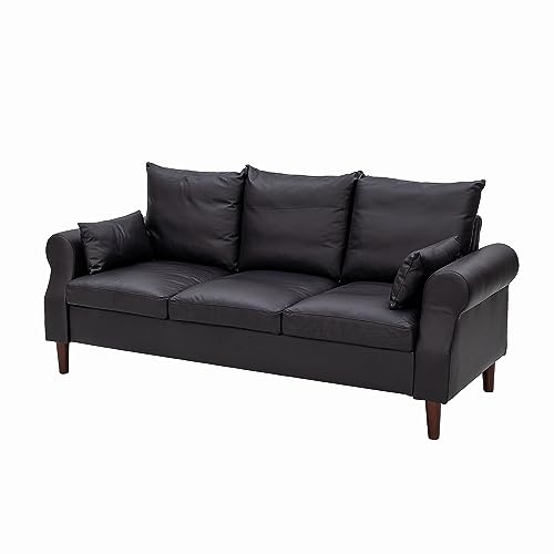 Panana 3 Seater Sofas Rolled Arms Design Couch Solid Wood Legs Settee for Living Room (Black Leathaire, 3 Seater) - color: Black Leather Look Fabric, size: 3 seater