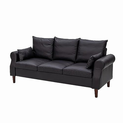 Panana 3 Seater Sofas Rolled Arms Design Couch Solid Wood Legs Settee for Living Room (Black Leathaire, 3 Seater) - color: Black Leather Look Fabric, size: 3 seater