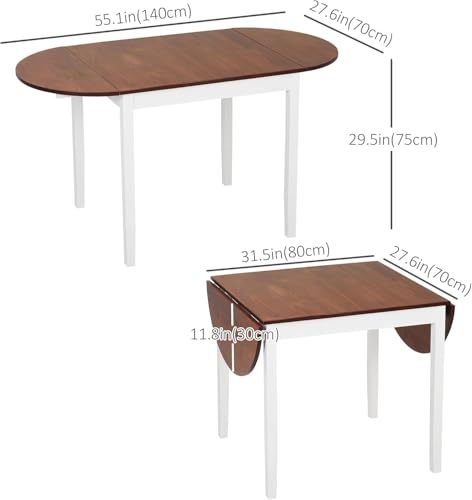DFW Drop Leaf Dining Table, Solid Pine Wood, Expandable, Brown and White, Small Spaces, 55.1 x 27.6 x 29.5 in