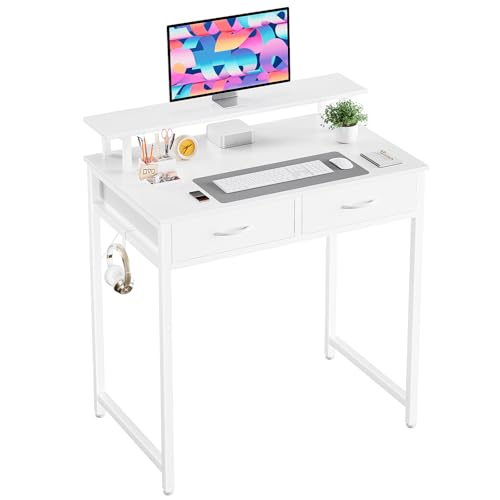 DUMOS 31-Inch Computer Desk with Drawers and Monitor Stand, White | Small Writing Desk for Home Office with Headphone Hook, Compact Study Table for Bedroom - color: White, size: 31-In