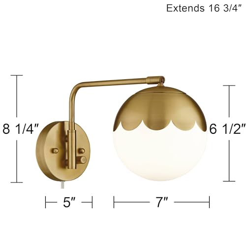 Camila 8 1/4" Brass and Glass Globe Plug-In Modern Wall Lamp Light Fixture | Indoor Swing Arm Antique Metal Dimmable Shade for Bedroom Bedside House Reading Living Room Hallway Dining - color: Brass - Single