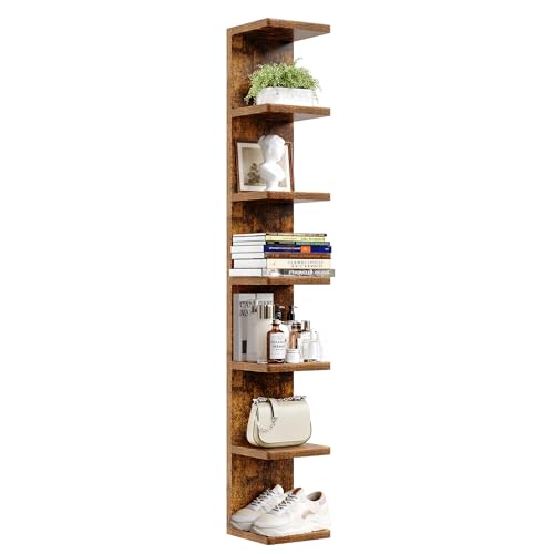 upsimples 7-Tier Floating Wall Shelf, Brown Vertical Vanity Decor Shelves | Wall Display for Bag, Purfume, Shoes, Books, Storage Shelves for Bedroom, Living Room, Home Decor - color: Brown, size: 7 Tier