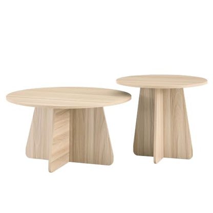 Nesting Coffee Table Set of 2, Round Wooden Coffee & Side Tables with Tapered Base, Natural Wood Finish, Modern Accent Furniture for Living Room Bedroom, Space-Saving Design - color: Natural Wood, size: Nesting Coffee Table Set