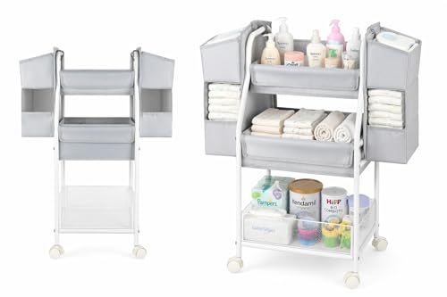 Rolling Utility Cart with Side Storage, 3-Tier Diaper Cart & Baby Caddy Organizer for Nursery Essentials, Bedside/Postpartum Nursing Cart, Craft & Art Storage Organizer, Rolling Book Cart - size: WITH_SIDE_STORAGE