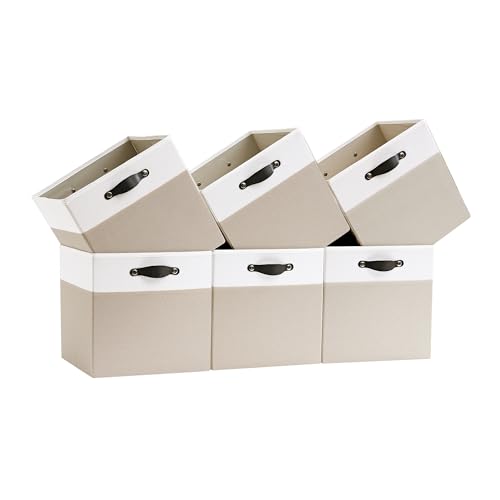 Cube Storage Bins | 13"x13"x13", Beige & White, 6 Pack | Multi-Size | 2X Thick Support Board | Vegan Leather Handles | 7.7 oz/yd² Fabric | 13"x13" Drawer Insert Basket - color: Candlelit Beige & White, size: 13"x13"x13"