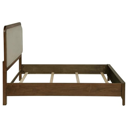 Queen Bed, Upholstered Bed, Walnut Panel Bed, Grey Fabric Headboard, Bed Frame, Extra Low Footboard, Walnut Veneer, Transitional for Modern and Classic Rooms, 1 Bed
