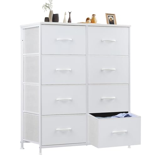 Sweetcrispy Dresser for Bedroom, Chest Organizer Unit with 8 Fabric Bins | Storage Tower, Drawer Organizer with Steel Frame, Wooden Top for Living Room, Closet - color: White, size: 31.5"D x 11.8"W x 36.4"H (8 Drawers)