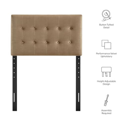 Modway Emily Twin Size Performance Velvet Headboard in Taupe - Stain-Resistant Velvet Upholstery with Button Tufting and 7 Adjustable Height Positions - color: Taupe, size: Twin