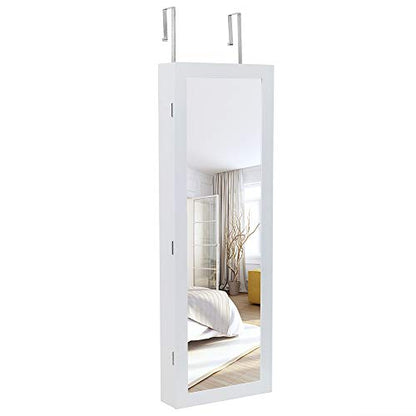 42.5" Wood Jewelry Mirror Cabinet,Wall or Door Mounted Jewelry Storage Cabinet,Space-Saving Large Jewelry Armoire Organizer,with Lock & LED Lights,for Living Room, Bedroom, Cloakroom (White) - size: 37x10x108cm