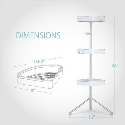 Better Living HiRise 3 Standing Corner Shower Caddy, White | Adjustable 3 Large Baskets, Aluminum Rustproof Bathroom Shower Organizer with Storage Hooks, No Drill, Shower Organizer