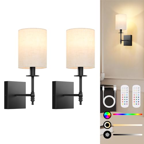 14 inch Battery Operated Wall Sconces Set of 2 with Remote, Rechargeable Wireless Wall Lights with Beige Fabric Shade, Indoor Not Hardwired Dimmable for Bedroom Living Room Decor - color: Flax and Black, size: 14.5 inch