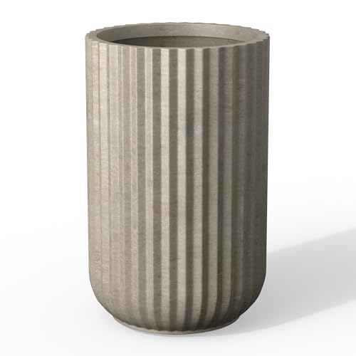Kante Accent Round Column Weathered Concrete Planter 17.7" Tall, Outdoor | Fluted, Rubber Plug for Indoor, Drainage for Garden, All-Weather Cement Flower Pot, Handcrafted, Anti-UV, Modern Home Decor - color: Weathered Concrete, size: 11"w x 17.7" h