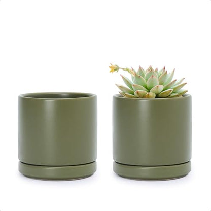 D'vine Dev 2-Pack Ceramic Pots with Saucers, Olive, 3.5 in, 94-V-A-J | Modern Cylinder Design, Glazed Ceramic, Drainage Hole & Saucer Included, High Temperature Fired, Elegant Home Accent - color: Olive, size: 3.5 Inch