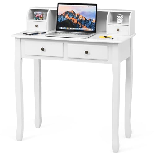 Giantex Writing Desk with 4 Drawers, Removable Floating Organizer 2-Tier Mission Home Computer Vanity Desk for Apartment Small Space, White - color: White