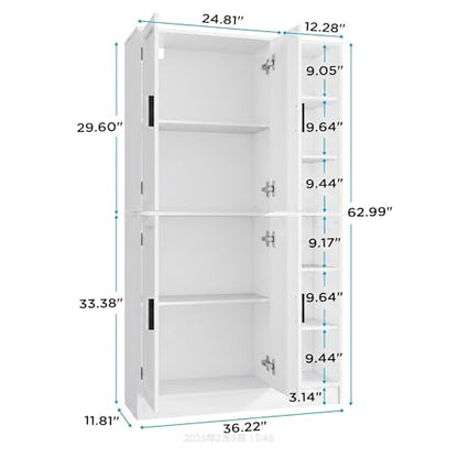 holzart 63" Tall Kitchen Pantry Cabinet, Freestanding Dining Room Storage Hutch with 4 Doors and Adjustable Shelves, Modern Utility Cupboard for Coffee Bar and Microwave, White - color: White