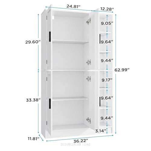 holzart 63" Tall Kitchen Pantry Cabinet, Freestanding Dining Room Storage Hutch with 4 Doors and Adjustable Shelves, Modern Utility Cupboard for Coffee Bar and Microwave, White - color: White