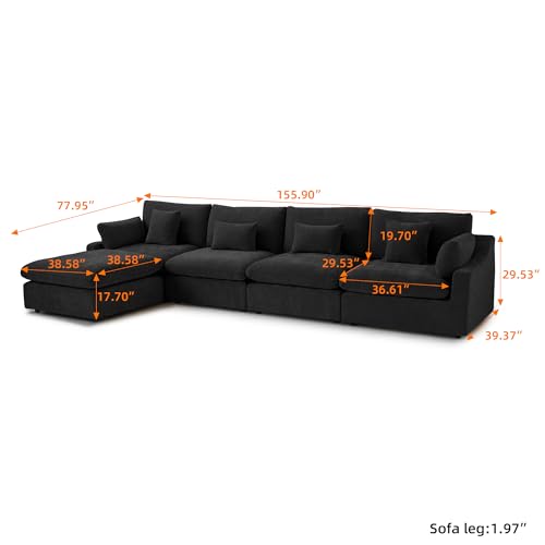 Cloud Couch Modular Sectional Sofa,156" L Shaped Couch, Oversized Down Filled Convertible Wide Seater,4 Seater with Ottoman for Living Room Set, Covers Washable&Replaceable,Black - color: Black, size: 4 Seat &Ottoman