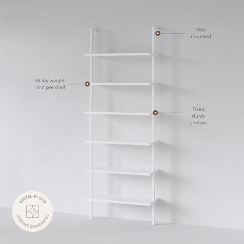 Nathan James Theo 6-Shelf Tall Modern Bookshelf, Wall Mount Ladder Shelf Bookcase with Wood and Industrial Metal Frame, Matte White - color: White, size: 1
