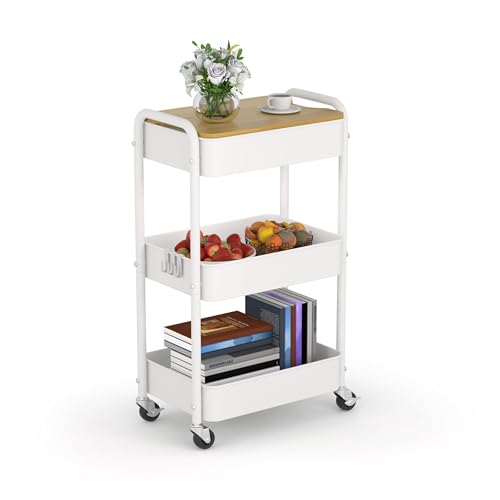 3 Tier Metal Utility Cart, Rolling Storage Cart with Wooden Tabletop, Metal Organizer Cart with Lockable Wheels for Office, Bedroom, Kitchen and Living Room (White) - color: White