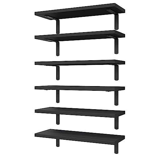 Wood Floating Shelves Set of 6, Shelves for Wall Decor, Farmhouse Shelf for Bedroom, Bathroom Storage Shelves, Book Shelves for Living Room-Black - color: Black, size: 16.5 Inch
