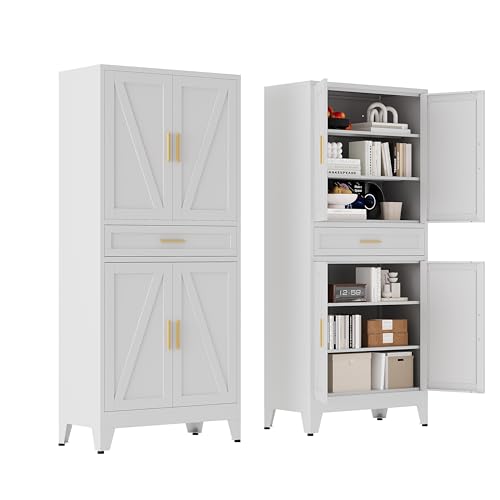 Washsemba 71 "Farmhouse Metal Filing Cabinet with a Drawer and 4 Adjustable Shelves, with 4 Large barn Door White Kitchen Cabinets, Metal Food Cabinets for Home, Kitchen, Dining/Living Room (White) - color: White, size: 71" - Filing Cabinet - 1 Drawer 4 D