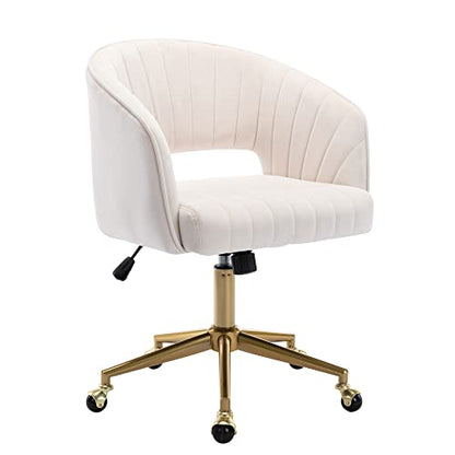 Vanity Chair Velvet Desk Chair with Gold Base for Living Room,Cream | Accent Armchair Upholstered Modern Tufted Chairs for Girls Women Ergonomic Study Seat Computer Task Stools for Bedroom - color: Cream