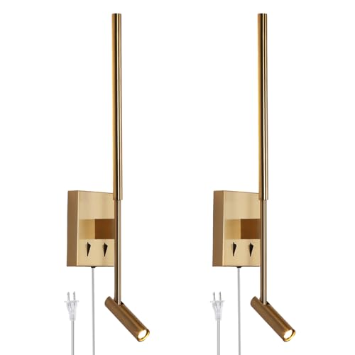ZEROUNO Modern Plug in Wall Sconce Set of 2, Gold LED Wall Mounted Reading Lamp with Switch, Minimalist Linear Wall Light Fixture with 5.9FT Clear Cord for Bedroom Living Room Hallway Decor - color: Gold, size: 2-PCS