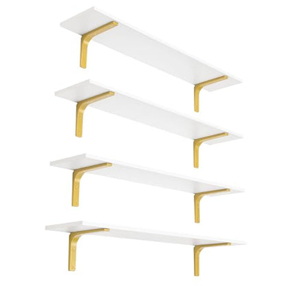 Long Wall Shelves, 39.4Inch Wooden Wall Mounted Shelves, Set of 4 | Large Floating Book Shelf, Metal Brackets, Easy Assembly, Max Load 33lbs, Wall Storage Ledges, Bedroom/Bathroom, White & Gold - color: White and Gold, size: 39.4 Inch (4 Pack)