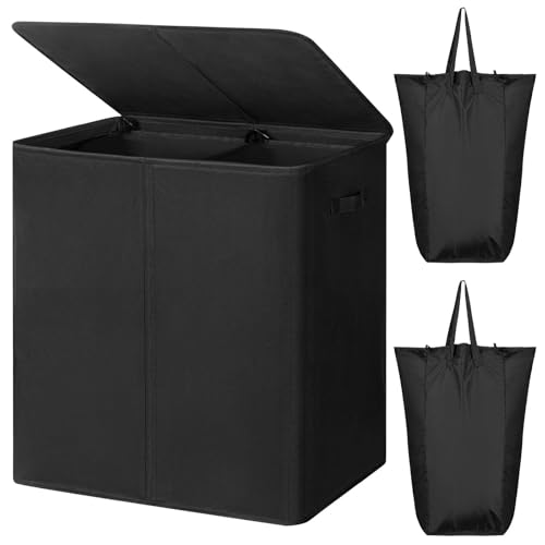 WOWLIVE 140L Double Laundry Hamper 2 Section with Lid and Removable Bags | Divided Laundry Basket, Large Dirty Clothes Hamper with Handle, Collapsible Laundry Storage for Dorm Room, College, Black - color: Black, size: 140l (23.6x 13.8x 25.6 Inches)