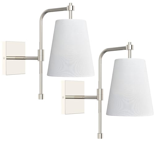 Swing Arm Wall Lamps Set of 2, Fabric Linen Shade, Hardwired Wall Mounted Light Fixture for Bedside, Living Room, Bathroom, Versatile Home Decor (Brushed Nickel) - color: Polished Nickel, size: 2 Pack